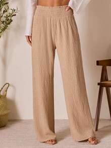 Pantalones anchos de cintura alta plisados de unicolor para mujer