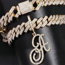 Gold Silver Plated Initial Cuban Link Chain Necklace Women Cursive Letter Gold Miami Cuban Link Chain Iced Out Chain With Pendant Women - Gold - View 11