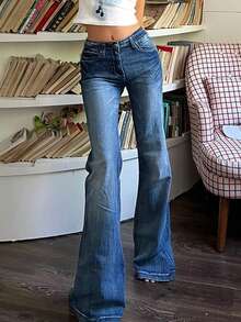 Valentine's Day Women's Flare Jeans Y2K 90s Bootcut Mid Rise Vintage Pants Denim Pants Bell Bottoms Spring Clothes - 深色水洗藍 - 查看 3