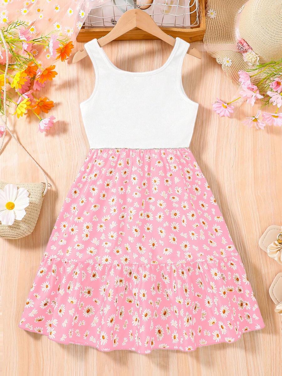 Girls' Summer Fashion All-Over Daisy Print Dress, Comfortable & Skin-Friendly Casual Big Tween Girl Dress, Daily Wear Clothes, Youthful & Energetic Student Girl Sleeveless Dress - Pink - View 1