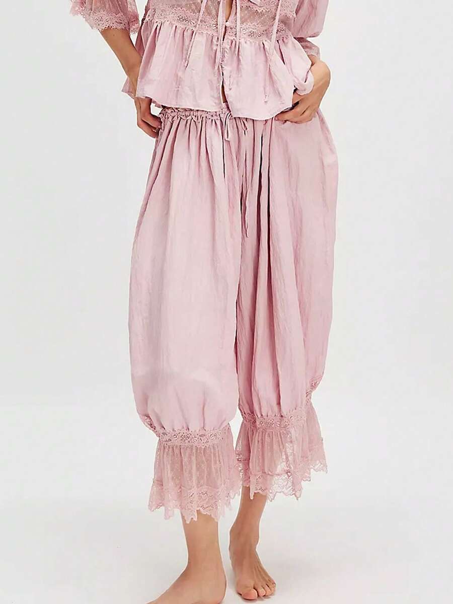 Women Lace Trim Long Bloomers Y2k Elastic Mid Rise Ruffle Victorian Pantaloons Cropped Flared Slips Pants Pumpkin Pants - Pink - View 1