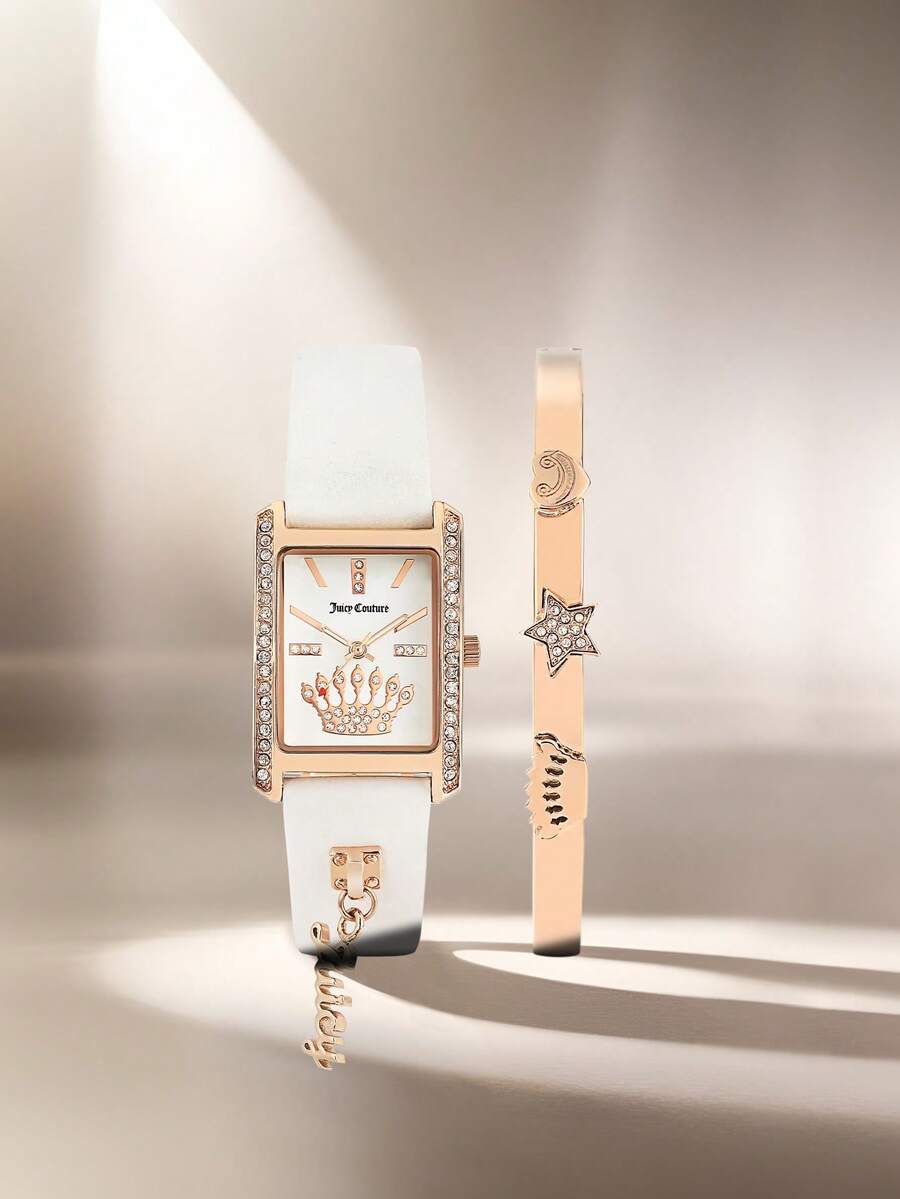 Juicy Couture Ladies Watch Women Rose Gold Watch & Bracelet with Charms Crystal Bracelet Watches Set Quartz Wristwatches for Women Great Gifts - 黑色 - 查看 1