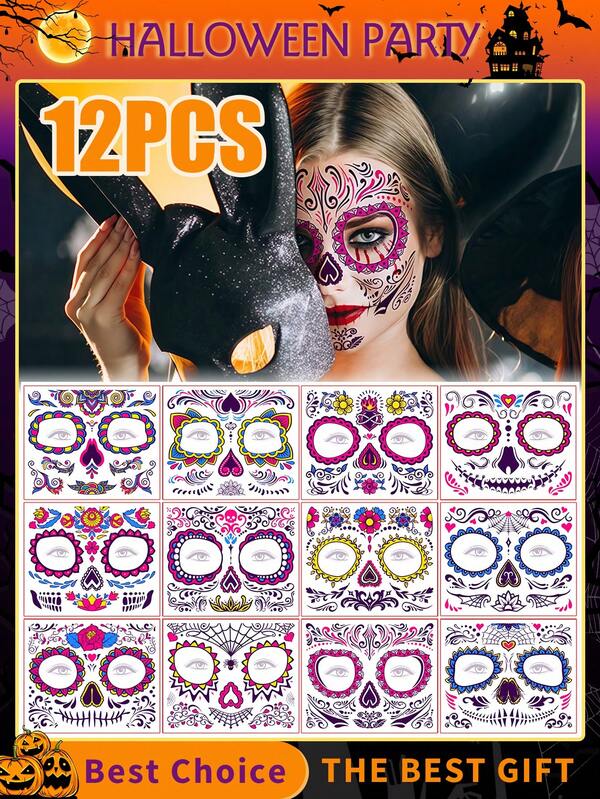 12/6pcs Fluorescence Face Tattoos, Sugar Skull Catrina Makeup Kit, Halloween Mask Temporary Tattoo Stickers, Skeleton Paint Day Of The Dead Decorations, Accessories, Favors & Costumes Room Decor Wall Decor Wall Stickers Wall Sticker