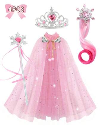 4件冰雪奇缘公主披风套装、雪花发夹、雪花魔杖、雪花套装、冰雪奇缘公主套装、公主皇冠心形皇冠套装，是一款非常适合送给朋友的公主礼物套装，非常适合装扮、日常搭配、复活节、万圣节、生日派对、圣诞节礼物、派对、感恩节假期装扮。