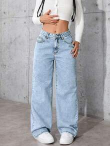 Cute Daisy Print Pocket Design Straight Leg Jeans For Women - Light Wash - View 3