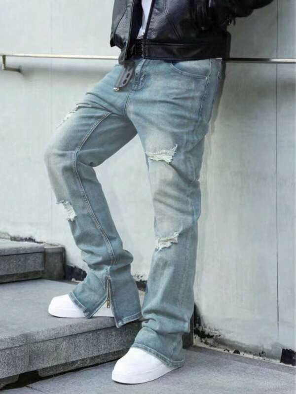 بنطلون جينز رفيع مريح مطاطي بطراز الهيب هوب الكاجوال العصري للرجال