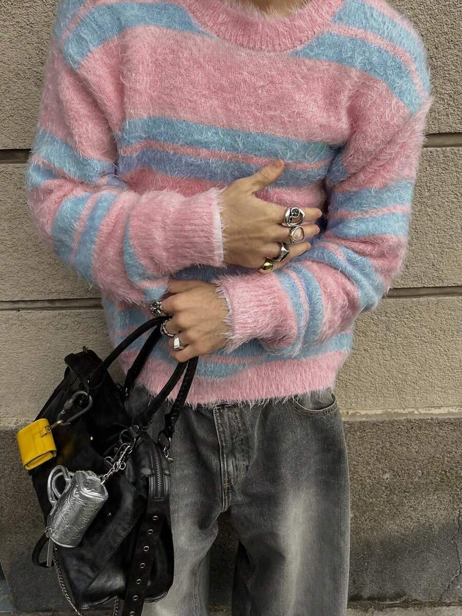 Suéter holgado de manga larga a rayas con contraste de color, de punto, informal, unisex, adecuado para primavera, otoño e invierno