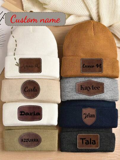 Personalized Leather Label Knitted Hat Custom Autumn And Winter Couple Knitted Hat Fun Slogan Woolen Hat Christmas Gift Birthday Gift Boyfriend Girlfriend Same Style American Retro Casual Hat