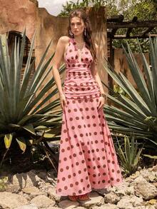 Faeriesty BohoBloom Women's Backless Polka Dot Dress, Adjustable Tie-Back, Ruched Waist Design - Bohemian Beach Vacation, Casual Outing, Garden Party, Summer Outfit | Women's Clothing - Pink - View 9