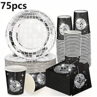 75 delar engångsservis med discokulmönster, inkluderar papperstallrikar, pappersmuggar, svarta servetter, festtillbehör för födelsedag, lämplig för flera personer, temafest, födelsedag, bröllopsdekoration