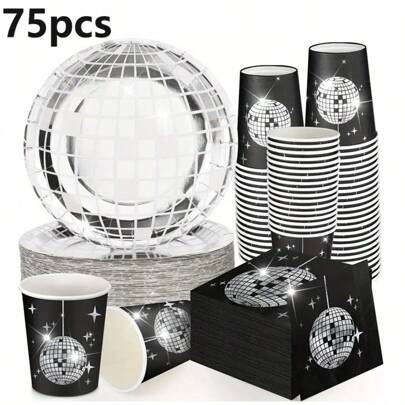 75 pezzi Set di stoviglie monouso con motivo a palla da discoteca, include piatti di carta, bicchieri di carta, tovaglioli neri, forniture per feste per compleanni, adatto per più persone, feste a tema, compleanni, decorazioni per matrimoni