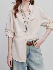 Damen Einfarbiges Langarm Hemd, apricotfarbene Lässig Bluse mit Taschen und Knöpfen vorne, geeignet für Bürokleidung, Frühling/Herbst