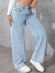 Cute Daisy Print Pocket Design Straight Leg Jeans For Women - Light Wash - View 5