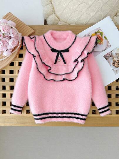 Suéter de Tricô Felpudo com Babado de Dupla Camada, Suéter de Tricô Infantil, Estilo Elegante para Meninas no Outono/Inverno