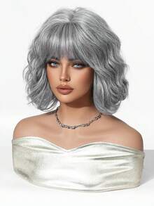 12英寸亚麻棕色短款波浪卷假发，耐热合成假发，带刘海，适合日常佩戴、派对和角色扮演 - 灰色 - 查看 5