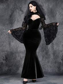 Women's Gothic Elegant Gorgeous Romantic Vintage Halloween Witch Sleeves Cosplay Rose Lace Stitching Velvet V-Neck Fishtail Party Dress - Black - View 6