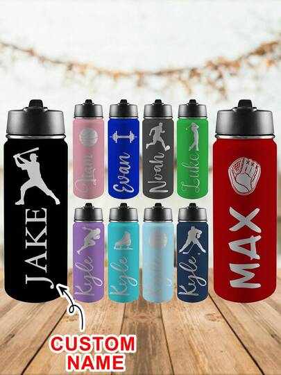 1pc Personalized Water Bottles With Names For Students For School, Customized Students Stainless Steel Insulated Sports Bottle With Straw Lid For Students, Back To School Gifts, Basketball Soccer Baseball, Birthday Gifts / Back To School Gifts For Daughter Son Kindergarten Student Primary School Student Junior High School Student Women Men 18oz