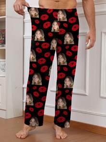 Pantalones de pijama personalizados para hombres con diseños únicos e interesantes como retratos, rostros de pareja, mascotas, dibujos animados y temas navideños, invierno - Negro - Ver 4