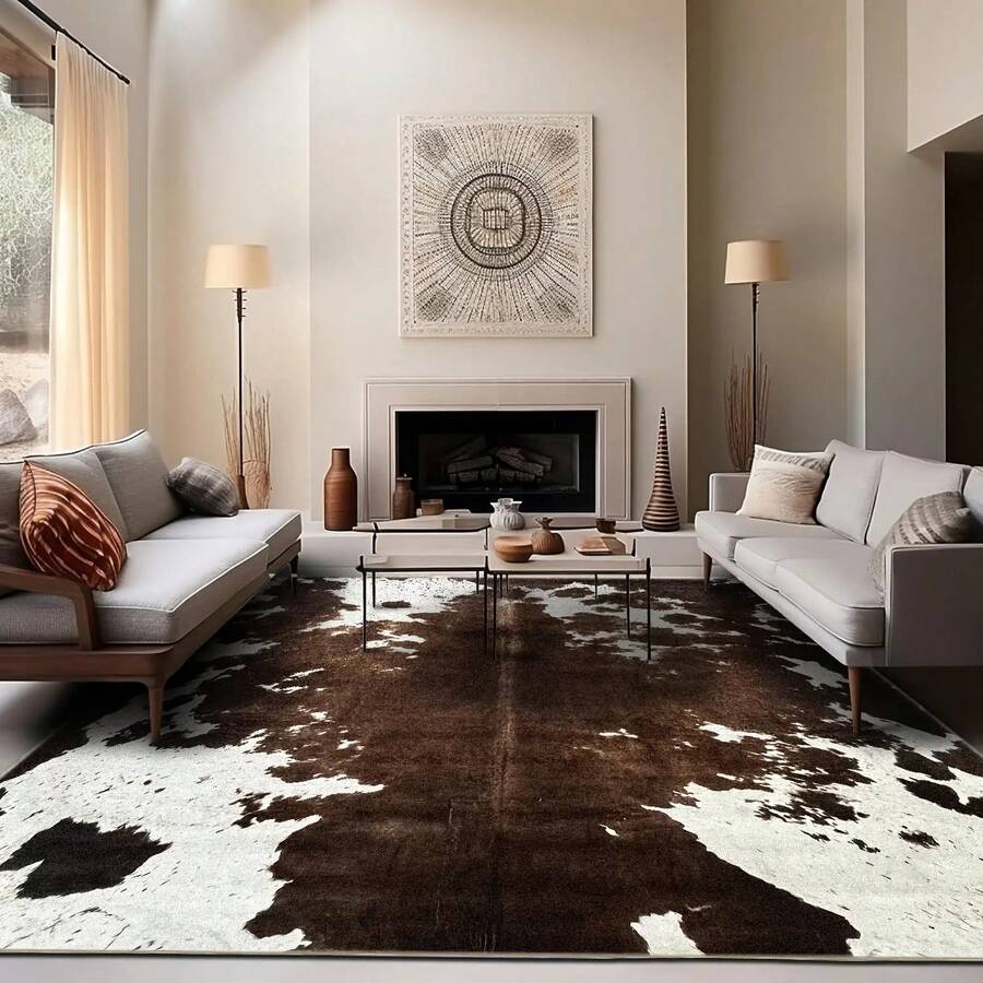 Alfombra grande con estampado de piel de vaca - Fácil de cuidar, alfombra ignífuga de poliéster, adecuada para sala de estar, dormitorio, oficina, etc. - Rectangular, lavable a máquina, estilo granja de campo, estilo de piel de animal, baño, pasillo, decoración de baño y cocina - Multicolor - Ver 1