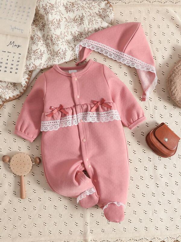 Newborn Baby Girls' Cute & Sweet Lace Bow Decor Long Sleeve Footie Romper, Suitable For Daily Wear