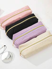 1 pieza El estuche de lápices de pana simple es fácil de llevar con gran capacidad, estuche de lápices para estudiantes/portátil de viaje/bolsa de almacenamiento de cosméticos para damas, de vuelta a la escuela