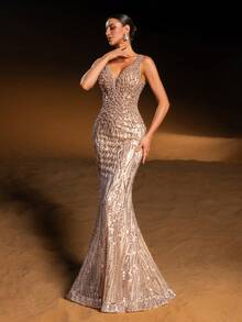 Faeriesty Haute Glamour Luxury Sleeveless Mermaid Sparkly Evening Gown With Deep V-Neck – Dense Shimmering Sequin & Bead Embroidery, Flowing Fish-Tail Skirt For Red-Carpet Luxury Weddings, Brand Galas & Formal Dinners For Women New Year