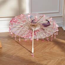 Retro Chinese Umbrella With Tassels Floral/Animal Print Silk Parasol Umbrella Photography Props