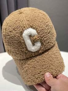 1件中性款純色字母C刺繡毛絨保暖學生街頭時尚羊羔絨蓬鬆彎帽簷爸爸帽棒球帽，適合情侶戶外運動，秋冬款 - 多色 - 查看 13