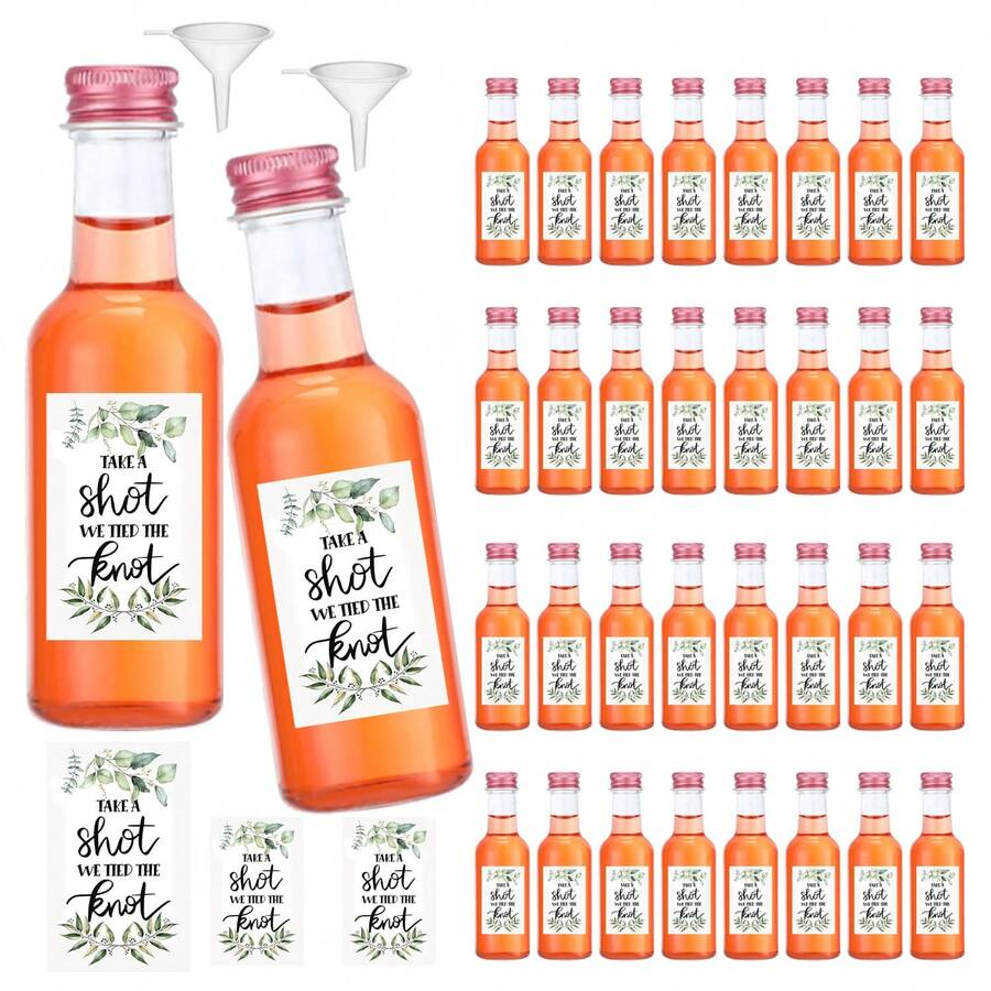 3.5oz 25ml-50ml Mini Wedding Liquor Bottles, Beverage Dispensing Bottles, Plastic Reusable Empty Bottles With Gold, Black, Silver Screw Caps, Labeled "Take A Shot We Tied The Knot", Suitable For Wedding Receptions, Restaurants, Parties, Graduation Ceremonies And Other Occasions