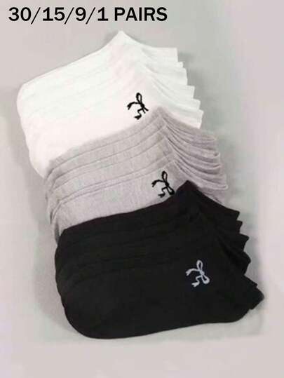 30/15/9/1 双女士蝴蝶结袜运动袜白/黑/灰踝袜隐形袜纯色简约风格适合日常休闲穿着