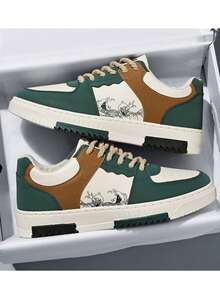 Men's Fashionable Skateboard Shoes, Color Block Design With Wave Pattern, Lace-Up, Non-Slip And Durable, Comfortable For Outdoor, Campus, Street Running, Travel In All Seasons Valentine's Day Ideas