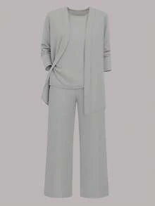 Conjunto de 3 piezas para mujer de unicolor informal: Chaqueta/Cárdigan + Top sin mangas de cuello redondo + Pantalones rectos de cintura elástica, tela suave y elástica, corte holgado y cómodo, para primavera/otoño/invierno