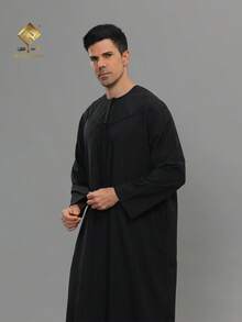 2025 Latest Bestselling Men's Black Prayer Robe, Premium Quality Men's Arabic Thobe, Soft Fabric, Fashionable Long Sleeve Omani Style - Black - View 7
