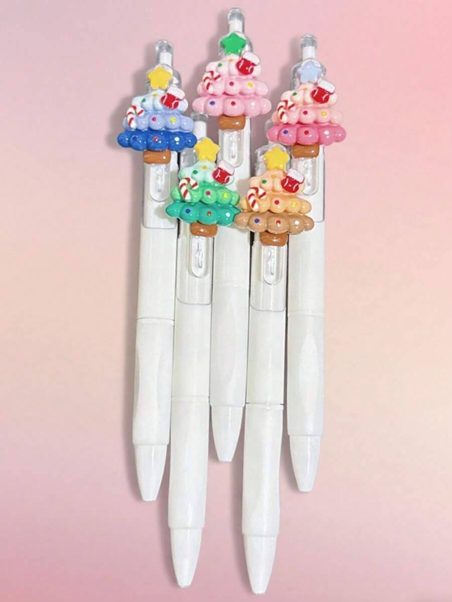 5 pezzi Penne decorative 3D con albero di Natale carino - supporto bianco, forniture per feste e vacanze, regali di Natale (stile casuale)