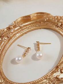 金色人造锆石仿珍珠吊坠项链和耳环套装 - 女士时尚、优雅、精致的新娘首饰套装、新娘首饰、婚礼配饰、时尚首饰礼品 - 金色 - 查看 8