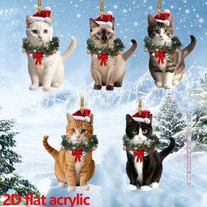 5 Piezas Juego de Adornos Navideños de Gato, Decoración Navideña para Colgar en el Árbol, Adornos Planos de Acrílico 2D de Gato para Navidad, Adornos Lindos para Árbol de Navidad, Colgante de Espejo de Coche, Accesorio Colgante para Espejo Retrovisor del Coche, Decoración Colgante para Exterior, Colgante Interior del Coche, Regalo Temático de Gato para Amantes de los Gatos, Decoración Navideña, Decoración del Hogar, Decoración de Habitación