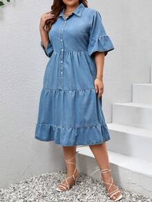 Enliva 加大荷叶边袖子荷叶边下摆牛仔连衣裙 - 中等水洗藍 - 查看 6