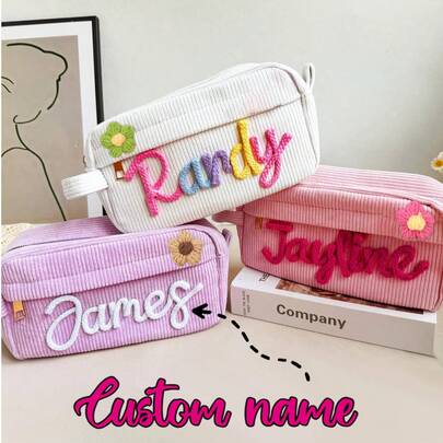1pc Customized Handmade Monogram Corduroy Makeup Bag, Sanitary Pad Storage Pouch, Travel Cosmetic Bag, Personalized Organizer Bag, Multi-Functional, Decorative, Letter Pattern, Solid Color, Elegant & Fashionable, Retro & Modern, Vibrant Colors, Casual & Versatile, Basic Style, Soft & Comfortable, Unique, Customizable, Personalized, Ideal Gift For Her, Girlfriend, Friend, Mother's Day Gift