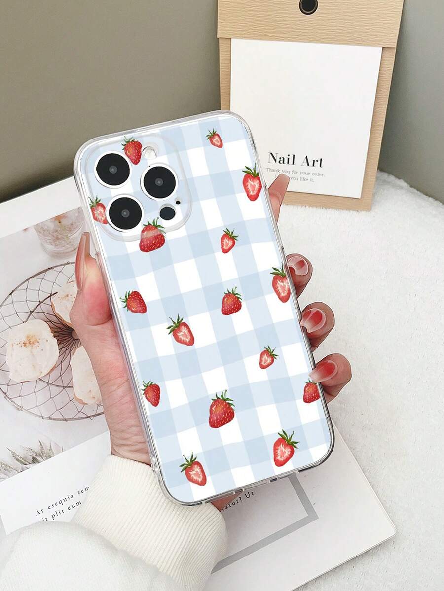 1 Ốp lưng điện thoại TPU trong suốt chống rơi họa tiết kẻ caro nhiều màu hình dâu tây và hoa tương thích với iPhone 15/15Pro/15Plus/15ProMax/16/16Pro/16Plus/16ProMax, Galaxy S23 Ultra/A14/A24, Redmi Note 12 Pro, Pixel 8/8 Pro - Nhiều màu - Xem 1
