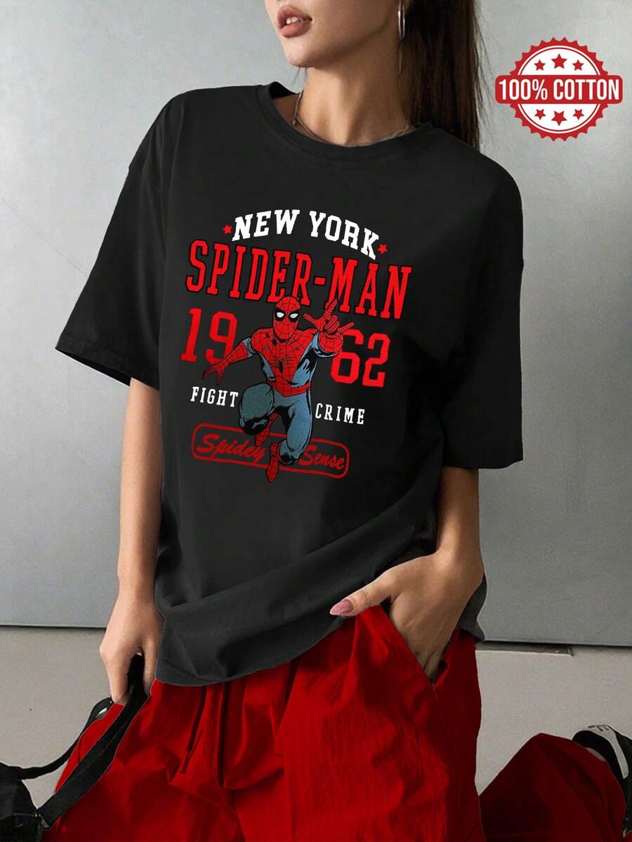 Áo thun nữ cổ tròn tay ngắn ôm dáng, họa tiết Người Nhện, màu đen, thời trang thường ngày cho mùa xuân và mùa hè - màu đen - Xem 1