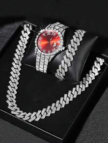 3pcs Fashionable Hip Hop Quartz Watch Set With  Chain Bracelet And Necklace - Sparkling Rhinestones, Classic Design, Suitable For Men And Women To Wear And Gift Recommendation - A - View 11
