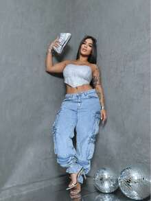 Cropped Corset With Ribs And Shiny Strapless | Ties At The Back Fashion 2025 Summer/Carnival/Party - Silver - View 5