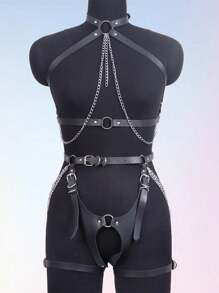 2件套女士链条皮革内衣束缚带身体笼胸罩异域朋克配饰性感内衣带吊袜带剑形腰带