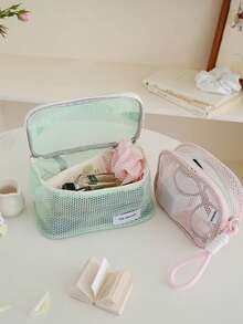 Large Capacity Dopamine Faux Pearl Zipper Pouch, Portable Makeup Bag, Travel Organizer Bag, Transparent Mesh Design,Pouch,Makeup Pouch,Travel Essential - Multicolor - View 3