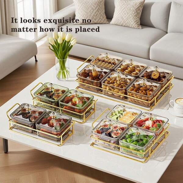 2/4/6 Pratos transparentes de luxo para nozes e doces, pratos para frutas secas com suporte de metal dourado, bandeja de sobremesa de plástico com vários compartimentos para camping ao ar livre, caixa de armazenamento de alimentos para biscoitos doces, lanches, adequada para casamento, festa, piquenique de viagem, decoração de casa, ano novo, Halloween, dia de Natal