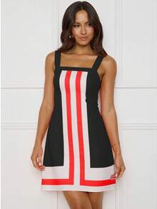 Summer Women's Striped Mini Dress – Square Neck Color Block Short Sundress, Sexy Beach Vacation Outfit, Club Party Casual Dress, Y2K Cute Fashion Outfit - Đen và Đỏ - Xem 3