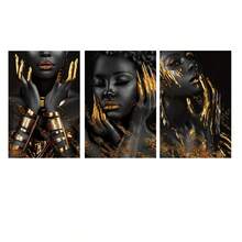 3 pièces Peinture moderne noir et or Femmes afro-américaines Toiles murales Affiches Portrait de reine noire Or Mode Image féminine exquise avec cadre Utilisé pour la décoration murale