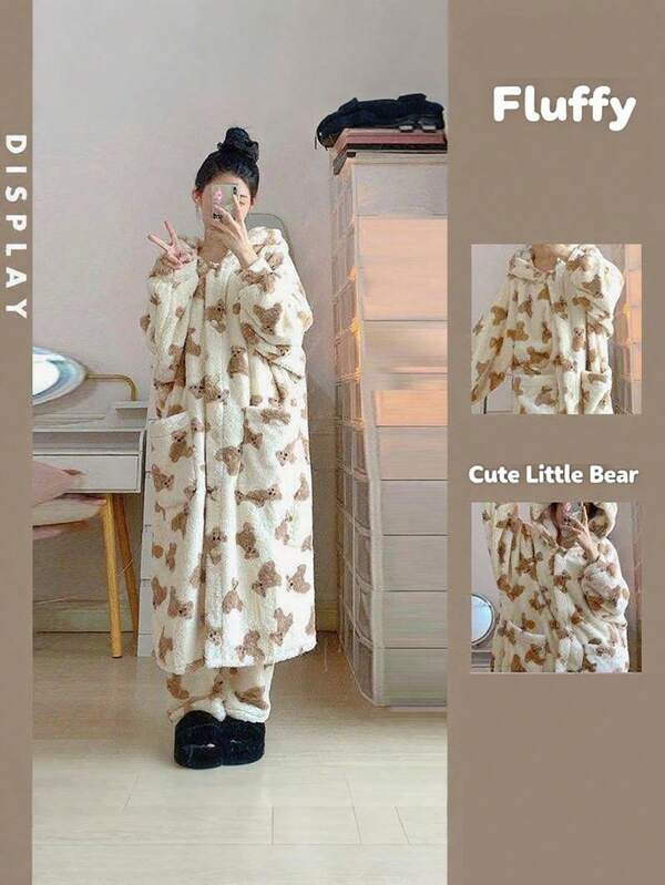 1 pieza Bata de baño, pijama, nuevos estilos para mujer, bata de felpa de coral con oso pequeño para invierno, gruesa y esponjosa, ropa de otoño e invierno, conjuntos de ropa de casa casual, para exteriores, deportiva, vacaciones, viajes, regalos de graduación, cumpleaños, uso diario en invierno