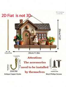 2D Flat - 1pc Cute Flat Printed Villa - Wood - Wooden Multifunctional Home Hooks - Key Holder With 4 Metal Hooks - Wall Decor, Porch Decor, Room Decor, Villa Decor, All Season Home Decor, 2D Flat - Multicolor - View 3