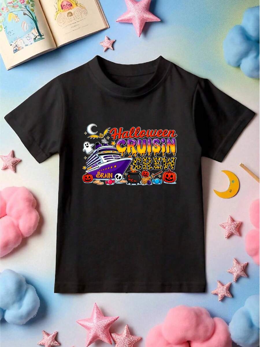 Personalized Halloween Cruise Crew Kids Shirts, Custom Family Name Matching Cruise Halloween Toddler & Youth Tee, Pumpkin Graphic Print Vacation Tee, Cousins Spooky Cruise Group Sweatshirt. CU-117 - 黑色 - 查看 1